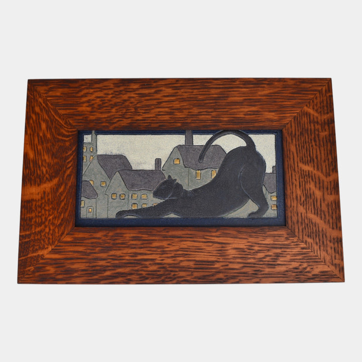 Ephraim Faience 2019 Hand Made Art Pottery Framed Ready to Prowl Cat Tile
