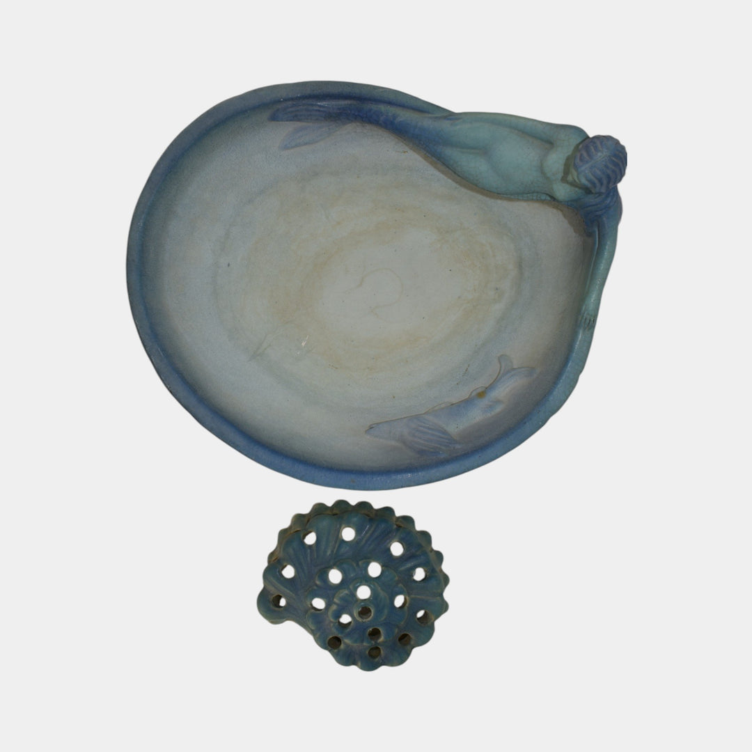 Van Briggle Pottery 1990s Siren Of The Sea Figural Bowl And Shell Flower Frog - Just Art Pottery