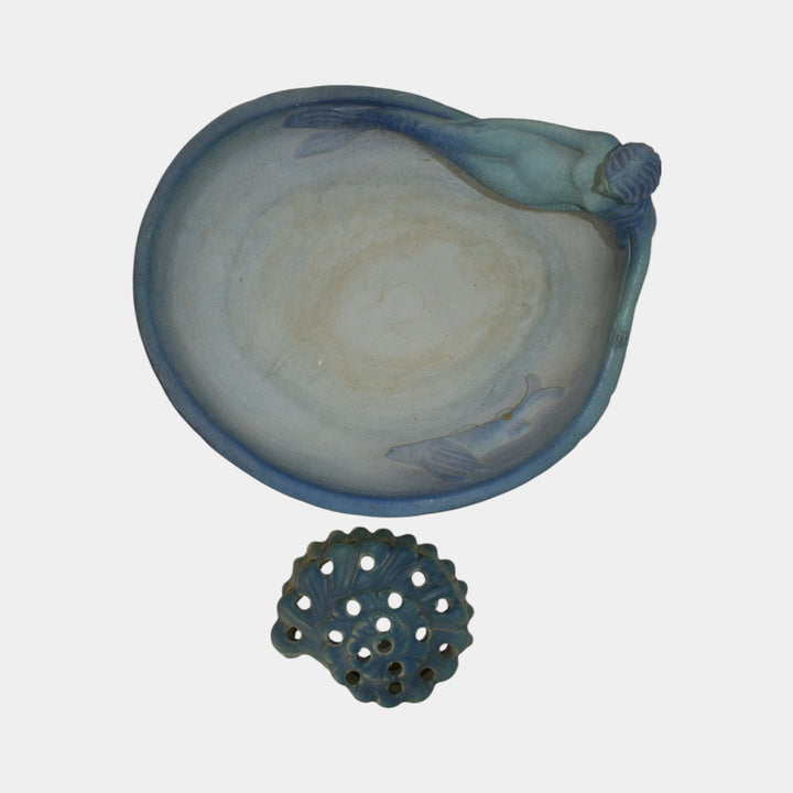 Van Briggle Pottery 1990s Siren Of The Sea Figural Bowl And Shell Flower Frog - Just Art Pottery
