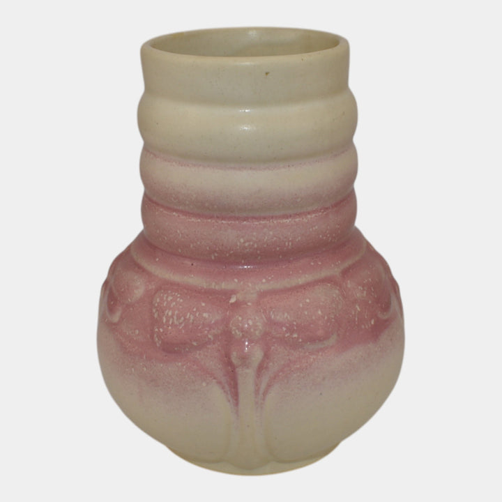 Morton Illinois Cliftwood 1920s Art Deco Pottery Pink Ivory Dragonfly Vase - Just Art Pottery