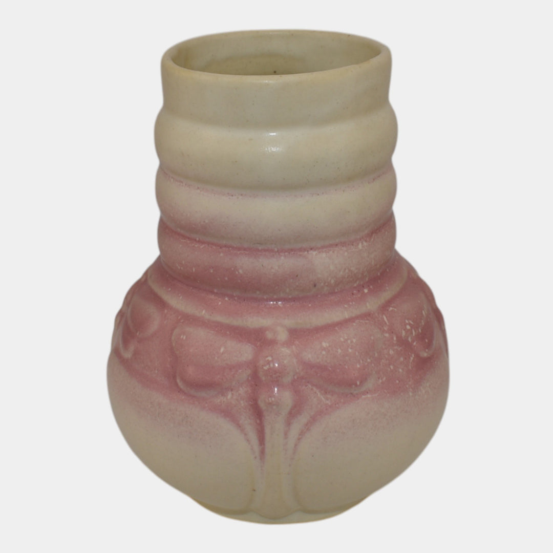Morton Illinois Cliftwood 1920s Art Deco Pottery Pink Ivory Dragonfly Vase - Just Art Pottery