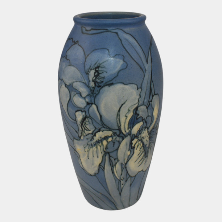 Weller Hudson 1920s Vintage Art Pottery Hand Painted Iris Blue Ceramic Vase KKT - Just Art Pottery