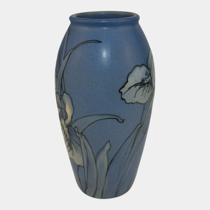 Weller Hudson 1920s Vintage Art Pottery Hand Painted Iris Blue Ceramic Vase KKT - Just Art Pottery