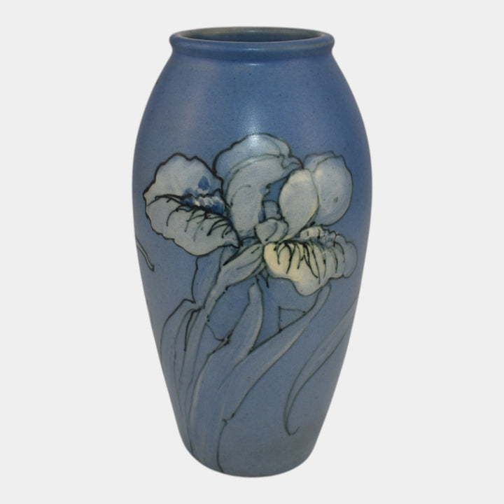 Weller Hudson 1920s Vintage Art Pottery Hand Painted Iris Blue Ceramic Vase KKT - Just Art Pottery