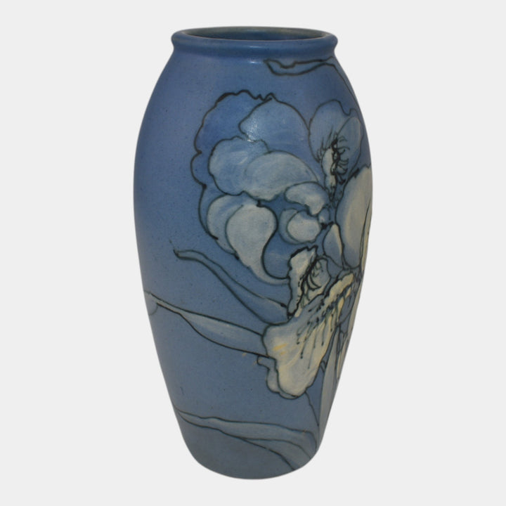 Weller Hudson 1920s Vintage Art Pottery Hand Painted Iris Blue Ceramic Vase KKT - Just Art Pottery