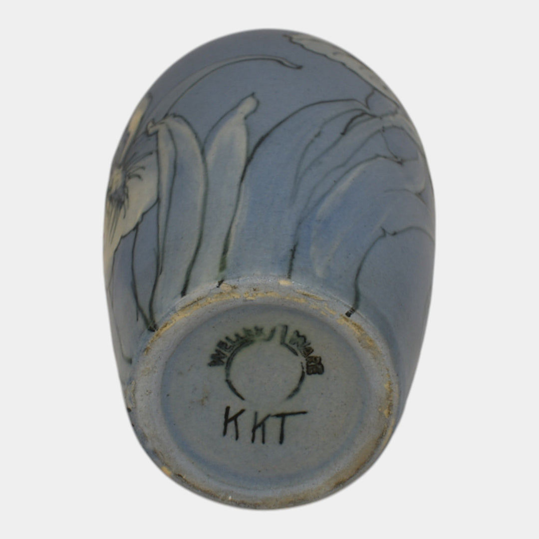 Weller Hudson 1920s Vintage Art Pottery Hand Painted Iris Blue Ceramic Vase KKT - Just Art Pottery