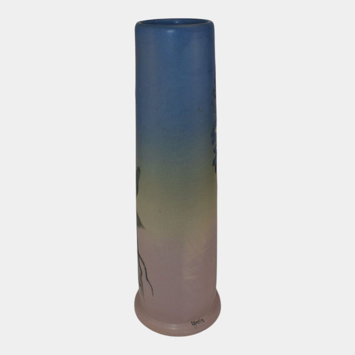 Weller Hudson 1920s Vintage Art Pottery Hand Painted Blue Pink Ceramic Vase - Just Art Pottery