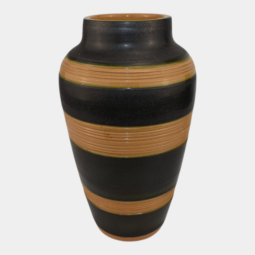 North Dakota School of Mines UND Art Deco Pottery Black Tan Vase Mattson - Just Art Pottery
