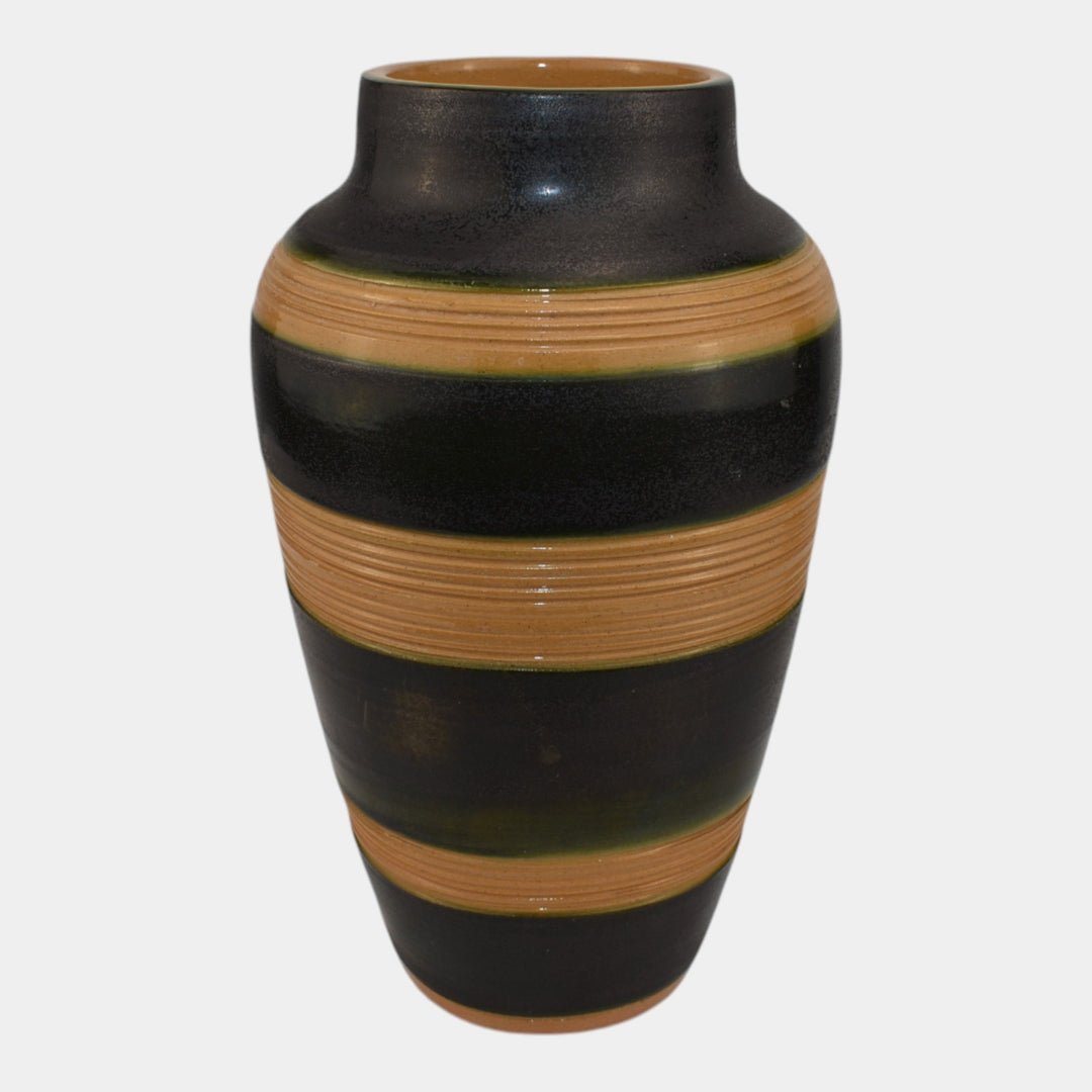 North Dakota School of Mines UND Art Deco Pottery Black Tan Vase Mattson - Just Art Pottery