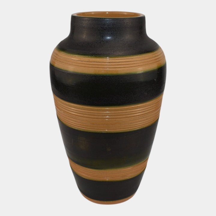 North Dakota School of Mines UND Art Deco Pottery Black Tan Vase Mattson - Just Art Pottery