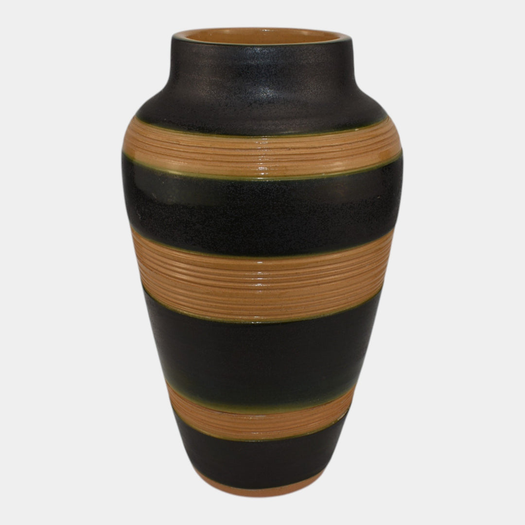 North Dakota School of Mines UND Art Deco Pottery Black Tan Vase Mattson - Just Art Pottery