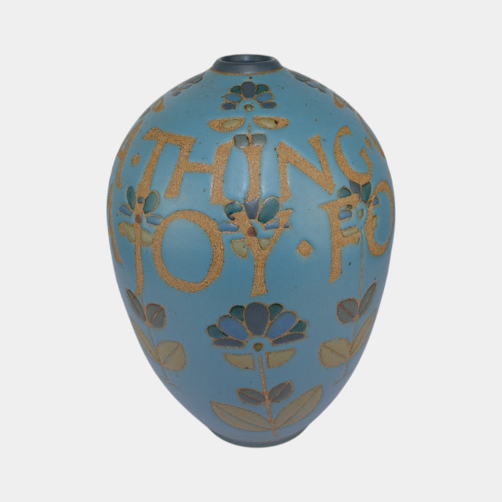 Kurt Wild Studio Art Pottery Blue Glazed Floral Motto Ceramic Gourd Vase - Just Art Pottery