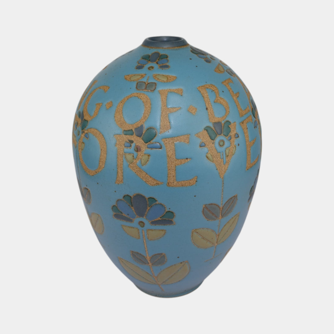Kurt Wild Studio Art Pottery Blue Glazed Floral Motto Ceramic Gourd Vase - Just Art Pottery