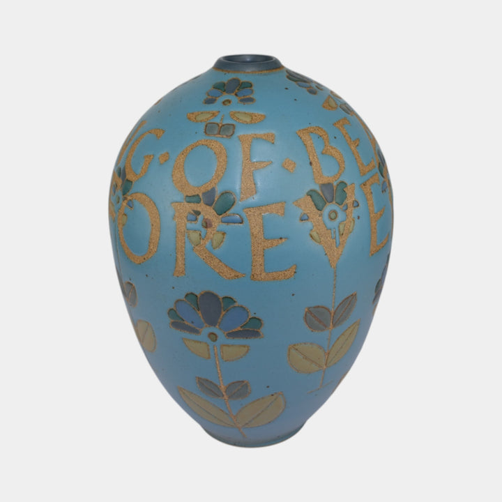 Kurt Wild Studio Art Pottery Blue Glazed Floral Motto Ceramic Gourd Vase - Just Art Pottery