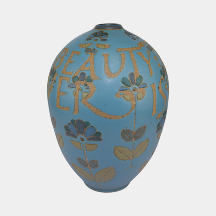 Kurt Wild Studio Art Pottery Blue Glazed Floral Motto Ceramic Gourd Vase - Just Art Pottery