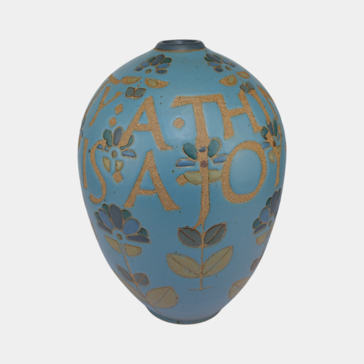 Kurt Wild Studio Art Pottery Blue Glazed Floral Motto Ceramic Gourd Vase - Just Art Pottery