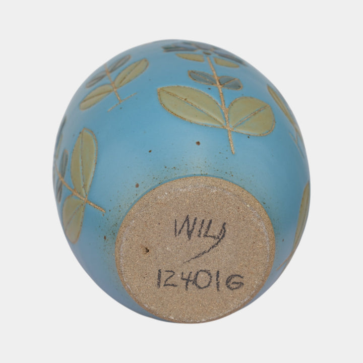 Kurt Wild Studio Art Pottery Blue Glazed Floral Motto Ceramic Gourd Vase - Just Art Pottery