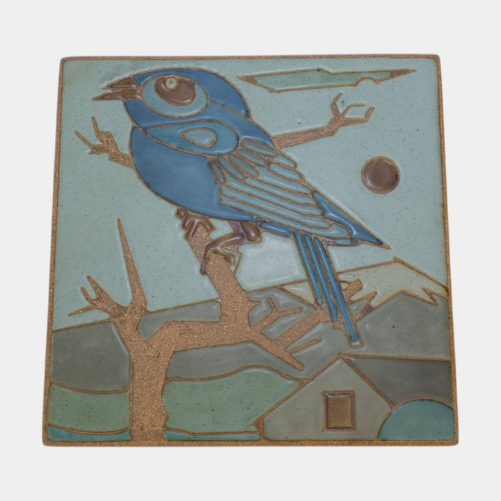 Kurt Wild Studio Art Pottery Blue Scenic Bird Green Ceramic Tile