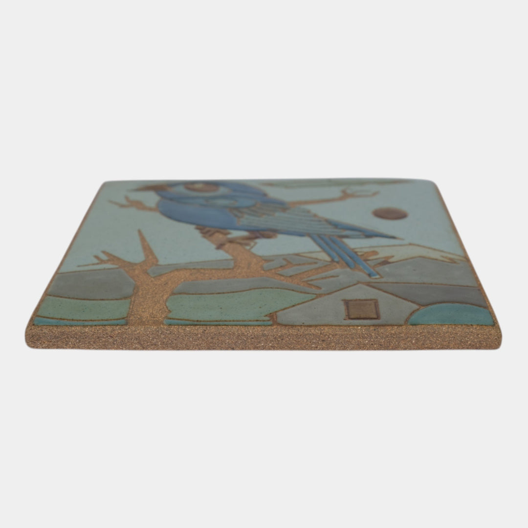 Kurt Wild Studio Art Pottery Blue Scenic Bird Green Ceramic Tile