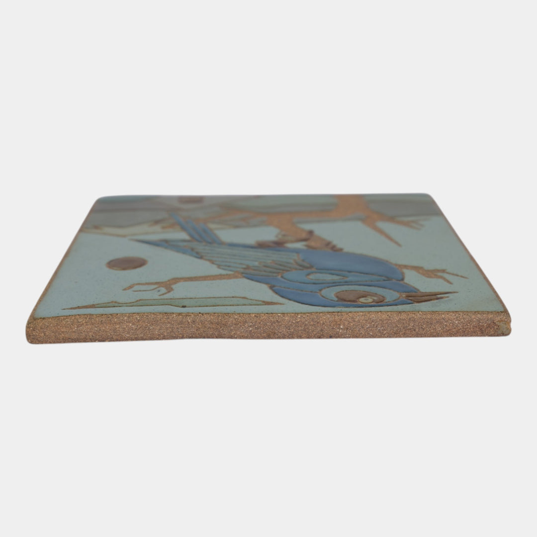 Kurt Wild Studio Art Pottery Blue Scenic Bird Green Ceramic Tile