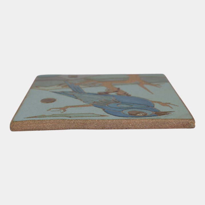 Kurt Wild Studio Art Pottery Blue Scenic Bird Green Ceramic Tile