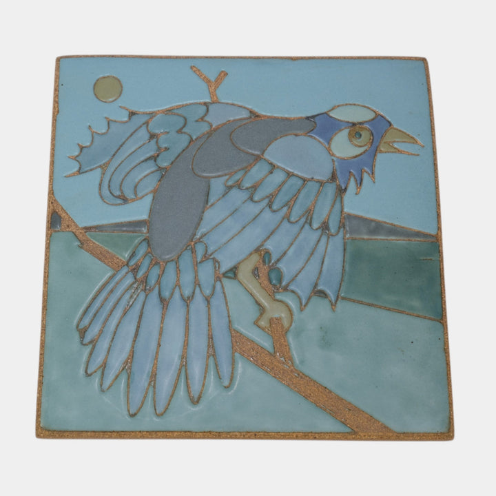 Kurt Wild Studio Art Pottery Blue Scenic Bird Ceramic Tile