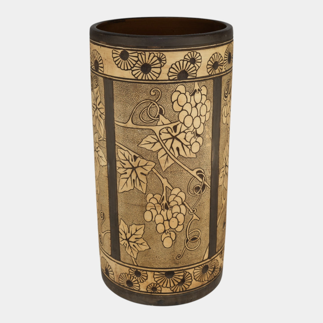 Weller Claywood 1910s Art Pottery Brown Ceramic Grapes And Leaves Umbrella Stand - Just Art Pottery