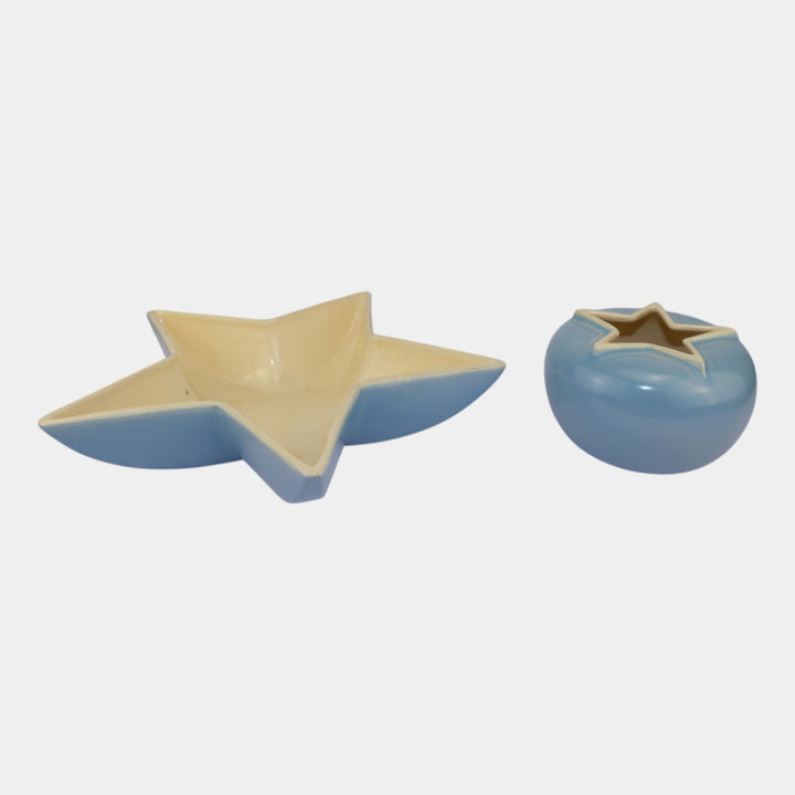 Weller Atlas Vintage Art Pottery Blue Ceramic Star Bowl C-9 And Vase C-3