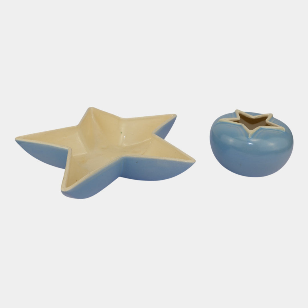 Weller Atlas Vintage Art Pottery Blue Ceramic Star Bowl C-9 And Vase C-3