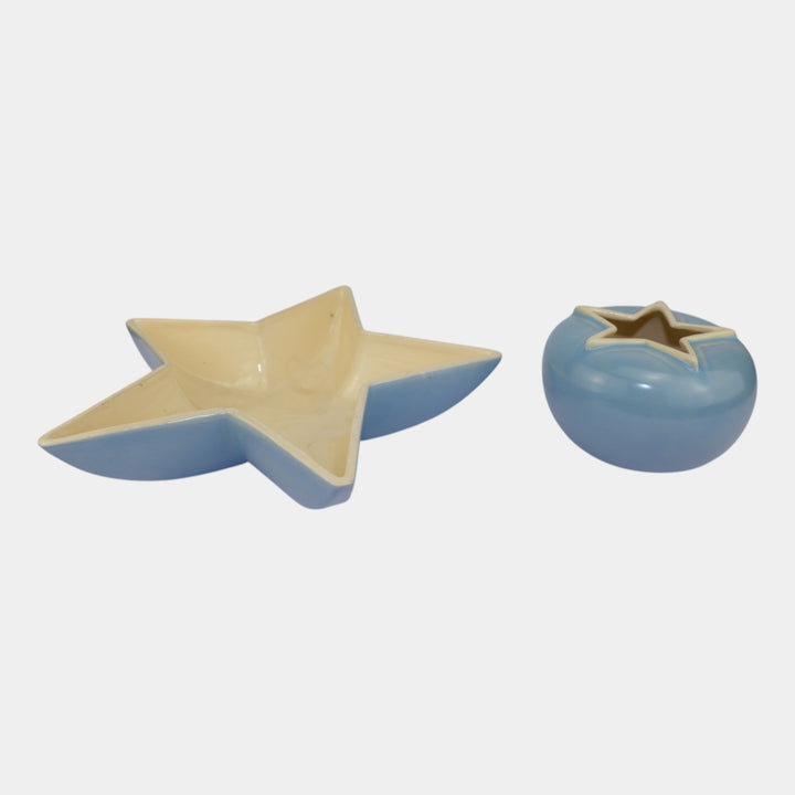 Weller Atlas Vintage Art Pottery Blue Ceramic Star Bowl C-9 And Vase C-3
