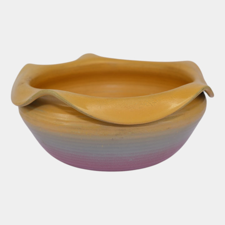 Weller Velvetone 1920s Vintage Art Pottery Yellow Pink Ruffled Rim Ceramic Bowl