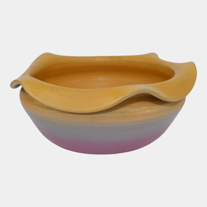 Weller Velvetone 1920s Vintage Art Pottery Yellow Pink Ruffled Rim Ceramic Bowl