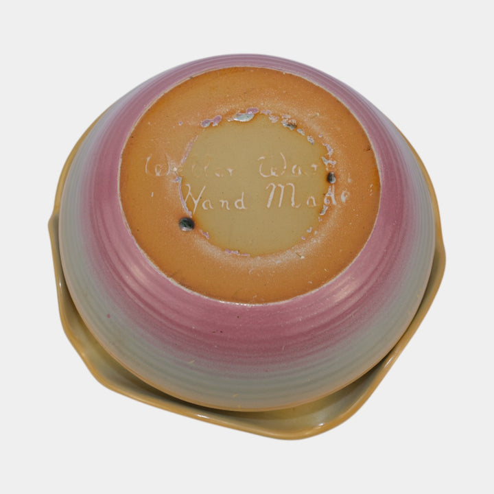 Weller Velvetone 1920s Vintage Art Pottery Yellow Pink Ruffled Rim Ceramic Bowl
