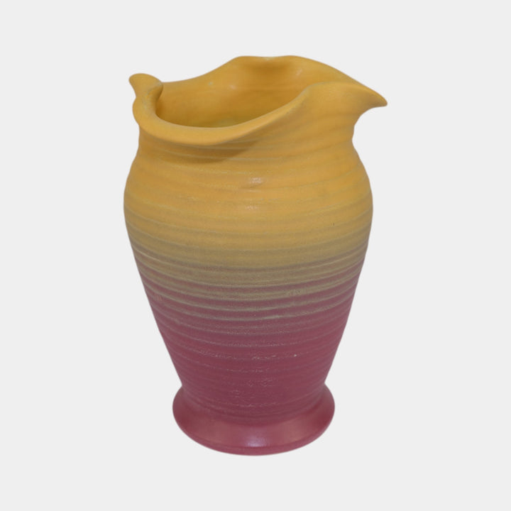 Weller Velvetone 1920s Hand Made Pottery Yellow Pink Scalloped Ruffled Rim Vase