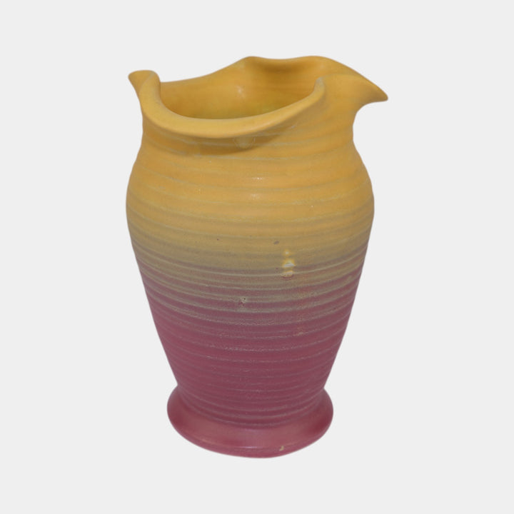 Weller Velvetone 1920s Hand Made Pottery Yellow Pink Scalloped Ruffled Rim Vase