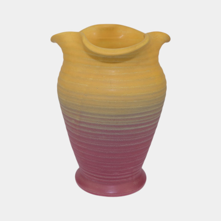 Weller Velvetone 1920s Hand Made Pottery Yellow Pink Scalloped Ruffled Rim Vase