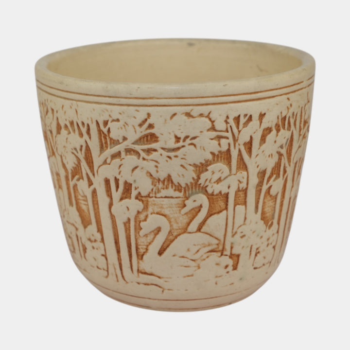 Weller Knifewood Ivory 1910s Art Pottery Swan Ceramic Jardiniere Planter