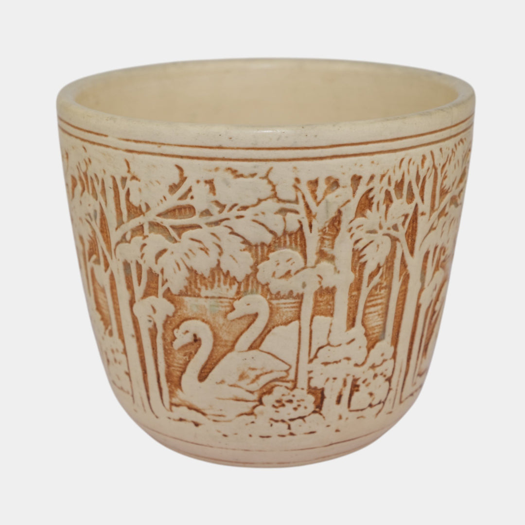 Weller Knifewood Ivory 1910s Art Pottery Swan Ceramic Jardiniere Planter