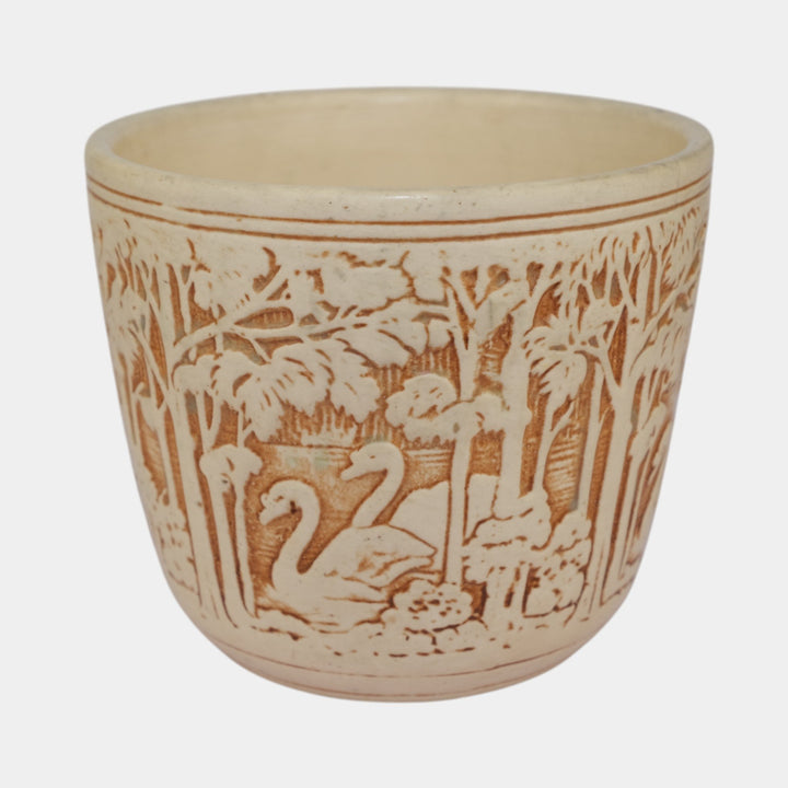 Weller Knifewood Ivory 1910s Art Pottery Swan Ceramic Jardiniere Planter