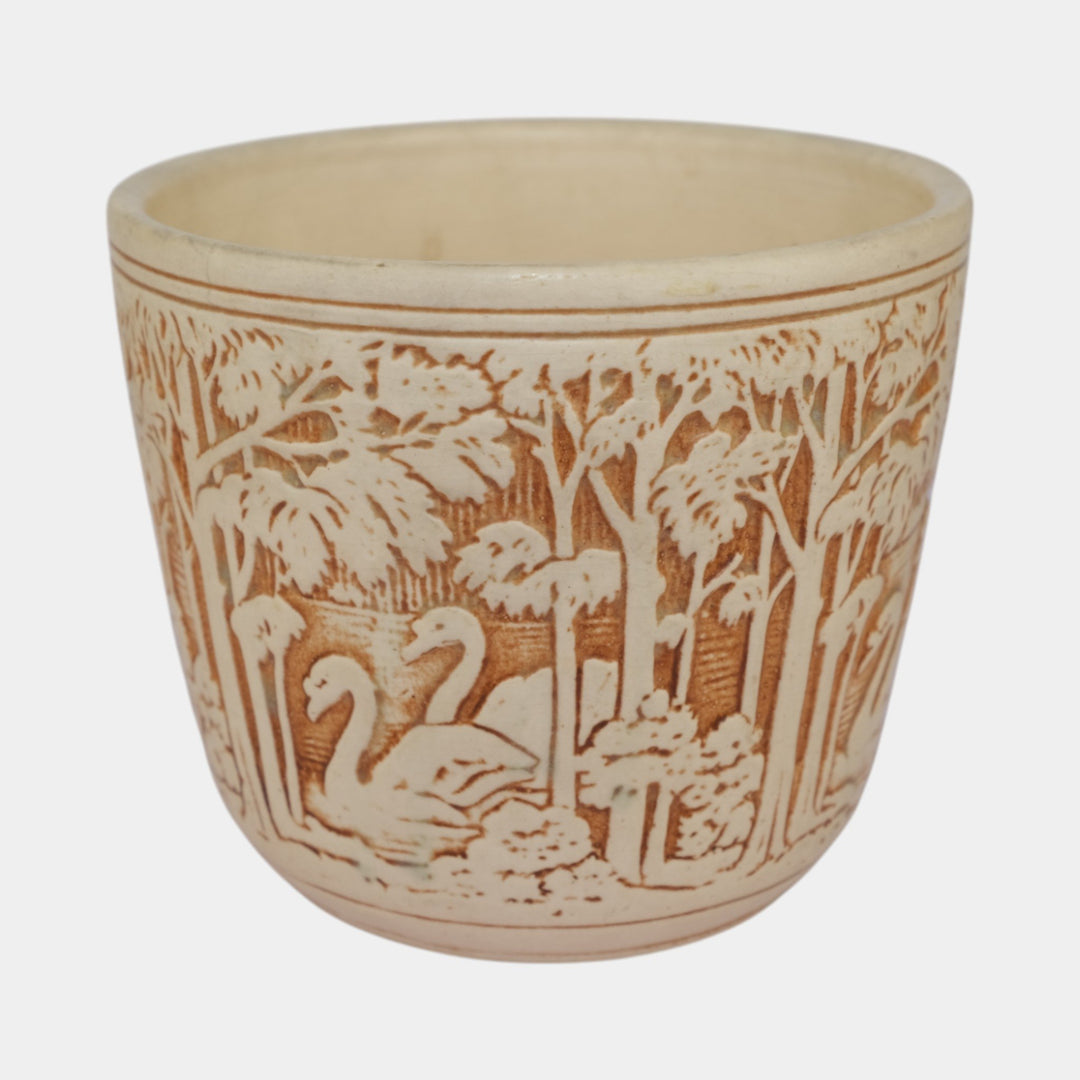 Weller Knifewood Ivory 1910s Art Pottery Swan Ceramic Jardiniere Planter