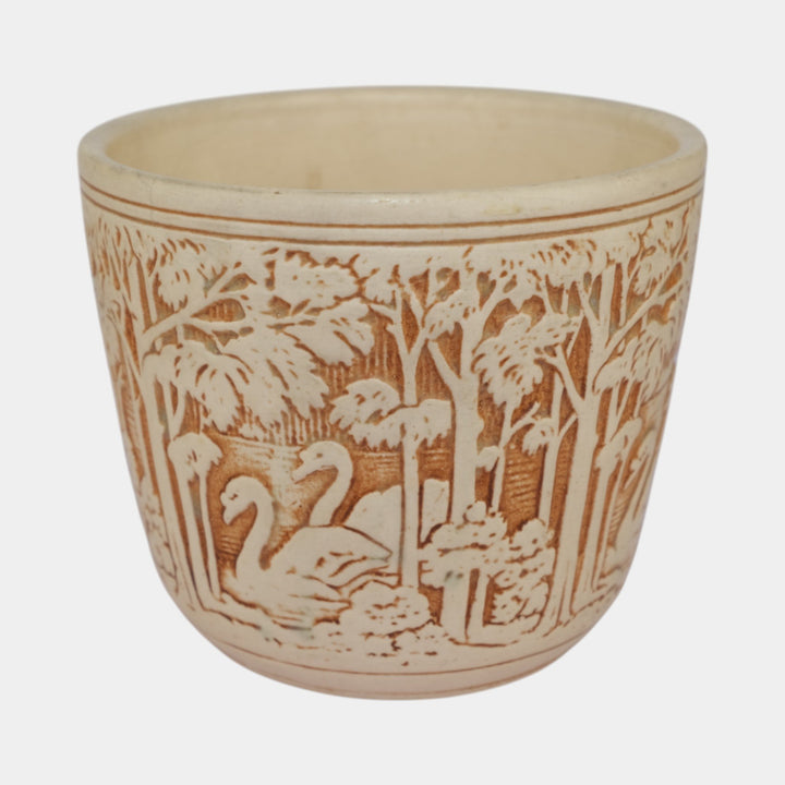 Weller Knifewood Ivory 1910s Art Pottery Swan Ceramic Jardiniere Planter