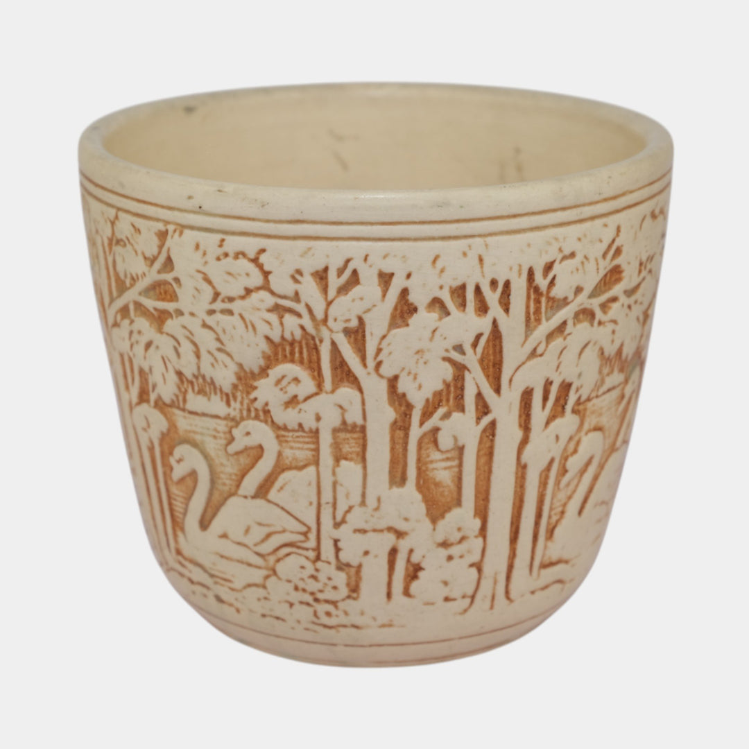 Weller Knifewood Ivory 1910s Art Pottery Swan Ceramic Jardiniere Planter