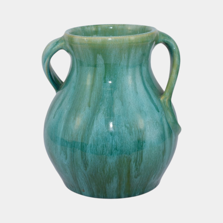 Weller Nile 1930s Vintage Art Deco Pottery Blue Green Drip Twist Handled Vase