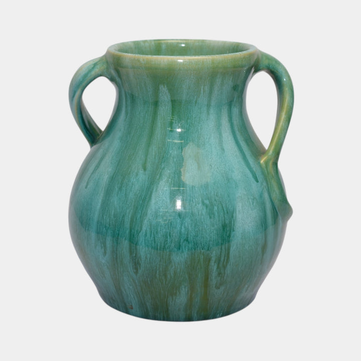 Weller Nile 1930s Vintage Art Deco Pottery Blue Green Drip Twist Handled Vase