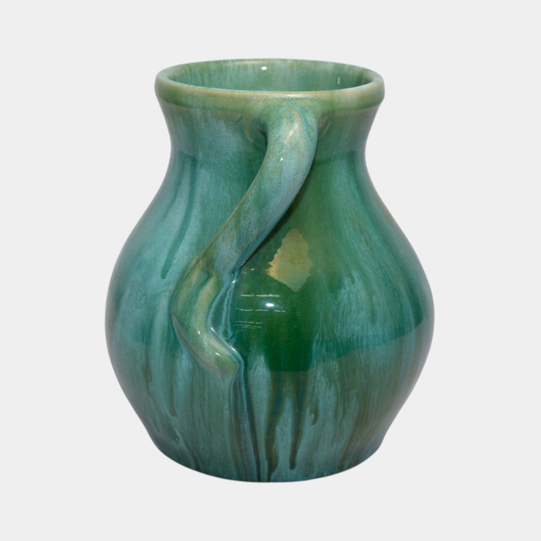 Weller Nile 1930s Vintage Art Deco Pottery Blue Green Drip Twist Handled Vase