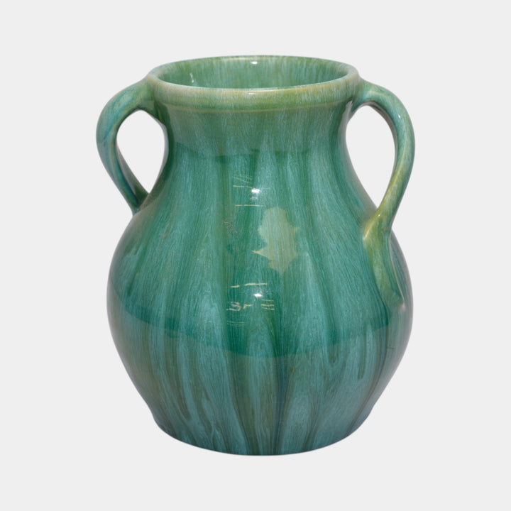 Weller Nile 1930s Vintage Art Deco Pottery Blue Green Drip Twist Handled Vase