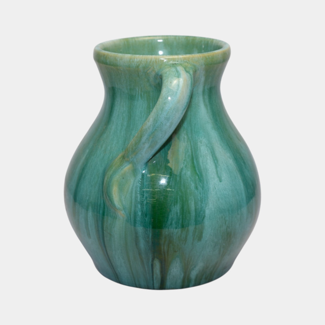 Weller Nile 1930s Vintage Art Deco Pottery Blue Green Drip Twist Handled Vase