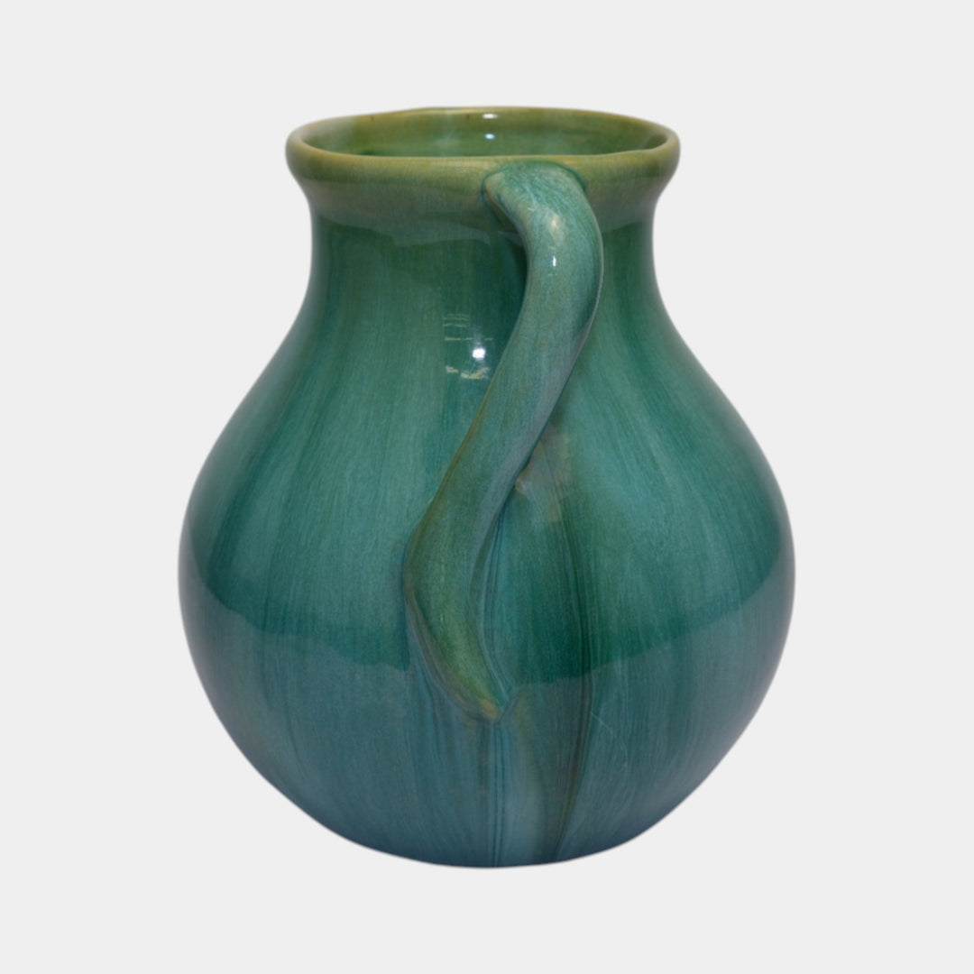 Weller Nile 1930s Vintage Art Deco Pottery Blue Green Drip Twist Handled Vase