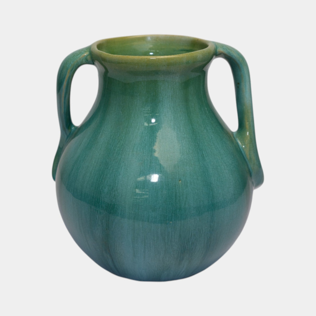Weller Nile 1930s Vintage Art Deco Pottery Blue Green Drip Twist Handled Vase