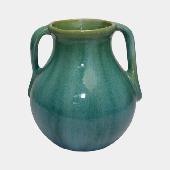 Weller Nile 1930s Vintage Art Deco Pottery Blue Green Drip Twist Handled Vase